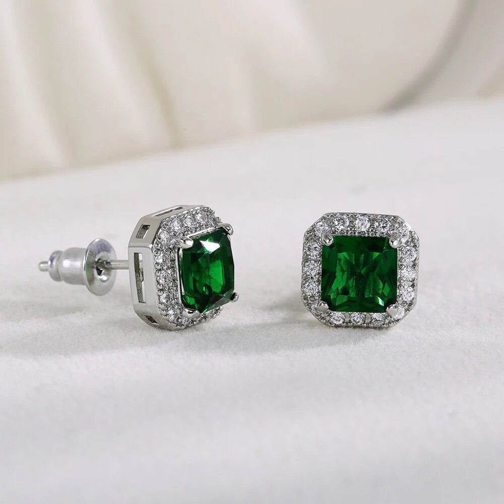 π Green 2.50 Carat Halo Diamond Earring Studs, 18K White Gold Hypoallergenic π - Picture 3 of 6